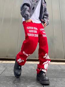 Manfinity EMRG Men Slogan Graphic Straight Leg Jeans - Red - View 4