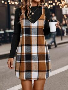 SHEIN LUNE Plaid Print Overall Dress & Tee Fall Cloth For Women - Multicolor - View 6