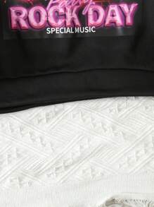 SHEIN 女大童2入組字母人物圖案加絨內裏連帽衫 - 黑色 - 查看 5