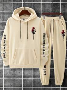 Manfinity LEGND Men Floral & Letter Graphic Drawstring Hoodie & Sweatpants, Men 2 Piece Set Sweats, Men Hoodie Set, Hoodie 2 Piece Set - Apricot - View 3