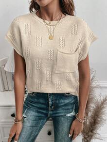 SHEIN LUNE Chất rắn tay cánh Vá Túi Knit ngọn - Màu be - Xem 6