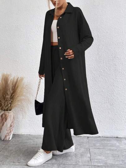 EMERY ROSE Solid Button Front Shirt & Wide Leg Pants