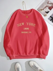 SHEIN EZwear Letter Graphic Thermal Lined Sweatshirt - Red - View 1