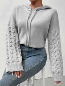 SHEIN Essnce 麻花編織落肩袖抽繩連帽套頭毛衣 - 灰色 - 查看 5