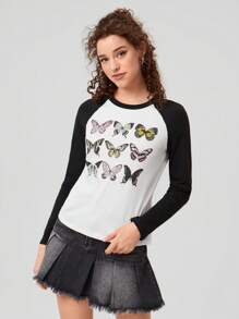 Forever 21 Women's Butterfly Print Raglan Sleeve T-shirt - Black and White - View 1