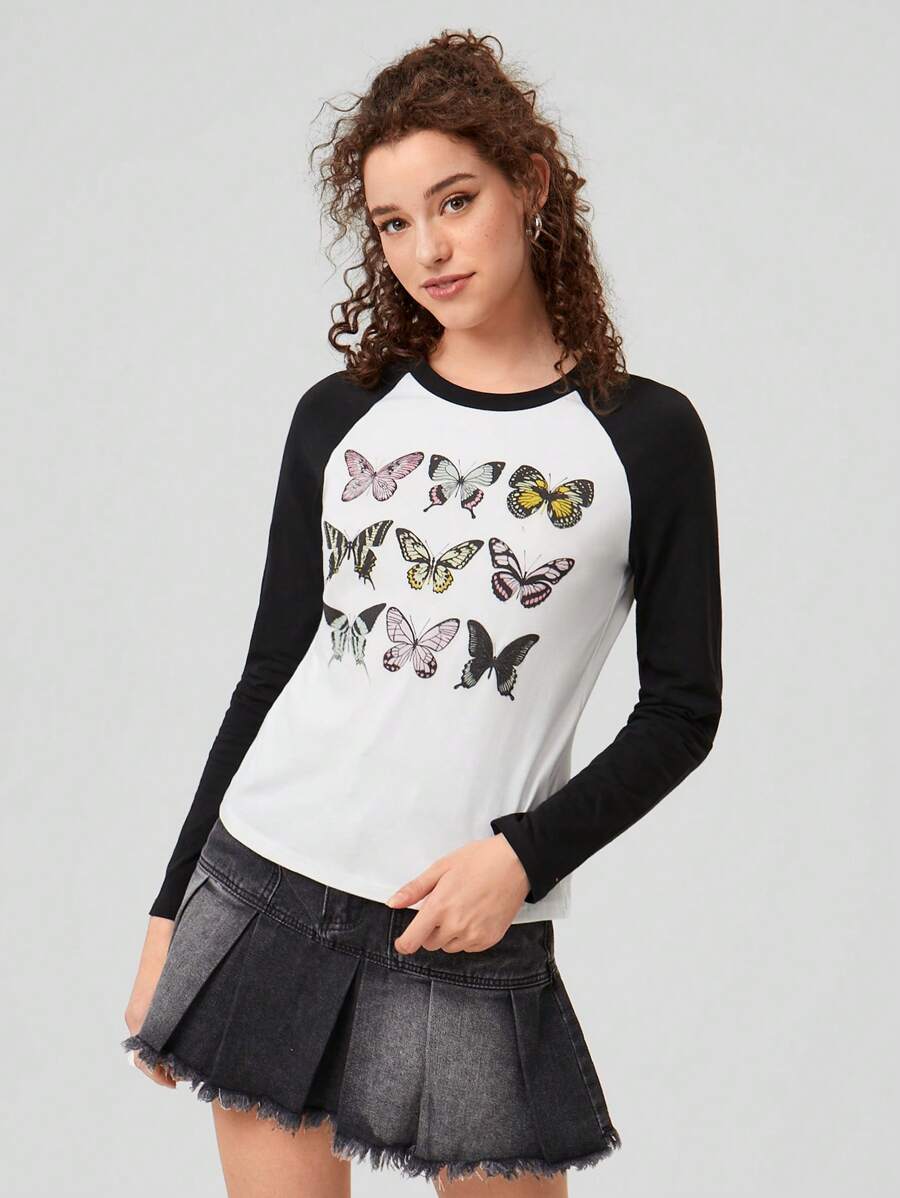Forever 21 Women's Butterfly Print Raglan Sleeve T-shirt - Black and White - View 1