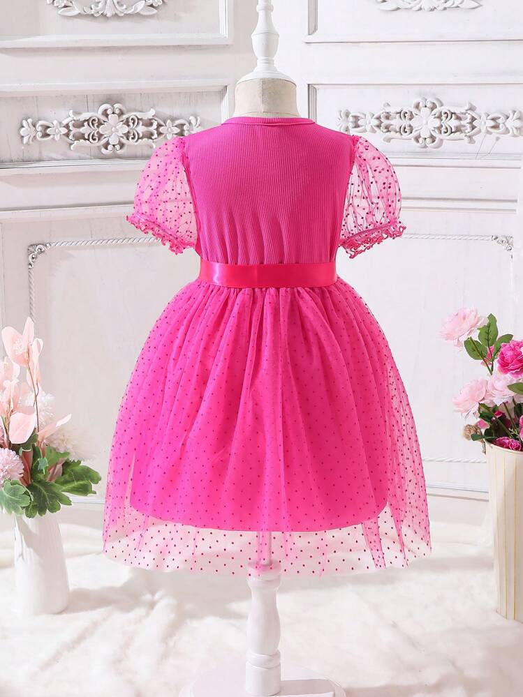 SHEIN Pouco Garotas De Bolinhas Malha Vestido Com Laço - Rosa Quente - Ver 2