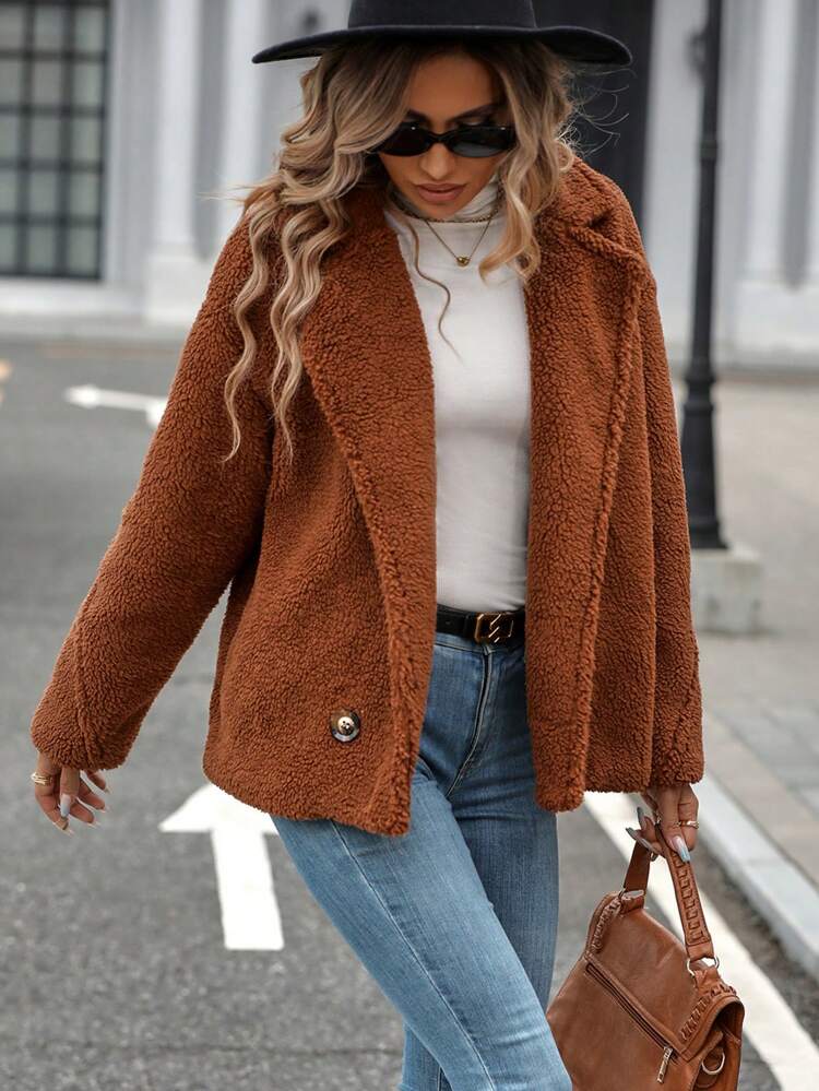 Lapel Neck Double Button Teddy Coat