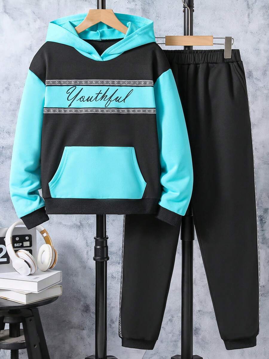SHEIN Tween Boy Letter Graphic Colorblock Kangaroo Pocket Hoodie & Sweatpants - Multicolor - View 1