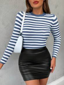 EURMUSE Women's Round Neck Ribbed Knitted Sweater - Navy Blue - View 3