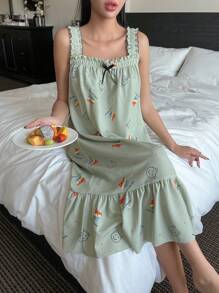 DAZY 卡通圖案褶邊吊帶睡裙