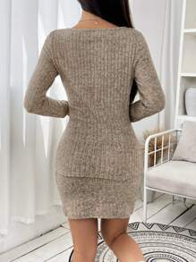 Muchica Square Neck Button Front Top & Bodycon Skirt - Khaki - View 2