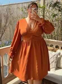 SHEIN CURVE+ 大碼圓點前收褶荷葉袖洋裝 - 橘色 - 查看 7