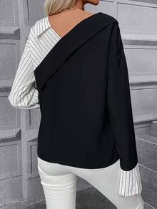 SHEIN Privé 條紋印花不對稱領落肩袖襯衫 - 黑色 - 查看 2