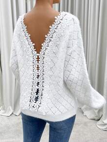 SHEIN Privé Guipure Lace Back Drop Shoulder Sweater - White - View 6
