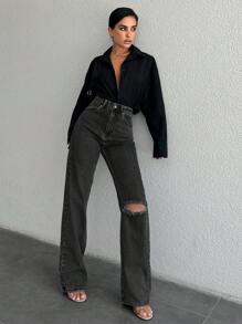 EURMUSE Ladies' Casual Solid Color Distressed Jeans - Dark Grey - View 3