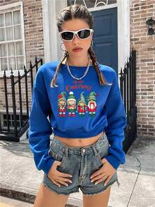 SHEIN EZwear In Giáng sinh Thả vai Áo len crop - Xanh đậm - Xem 3