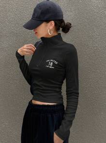 DAZY Letter Graphic Zip Up Crop Tee Long Sleeve Women Tops,Fall Women Clothes - Black - View 3