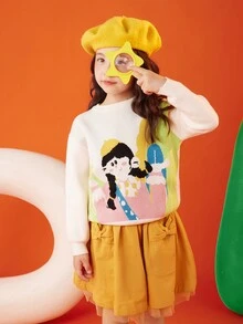 Tween Girl Figure Graphic Drop Shoulder Sweatshirt - Beige - View 5