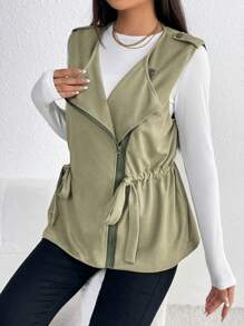 SHEIN LUNE 大翻領腰部抽繩拉鏈開襟外套馬甲