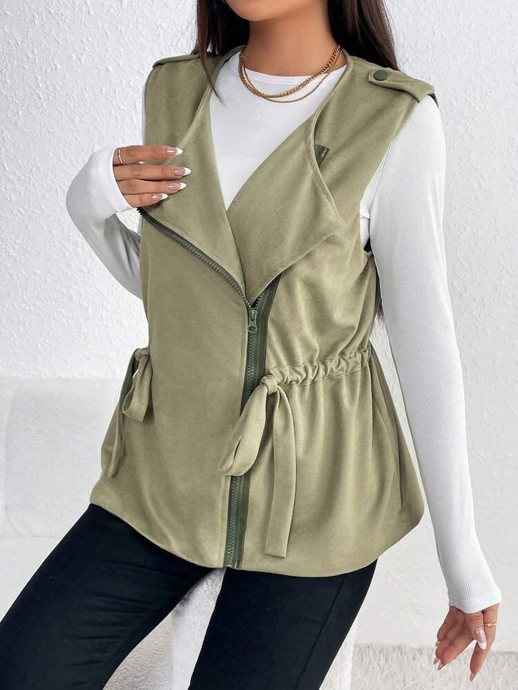 Waterfall Collar Drawstring Waist Zip Up Vest Coat