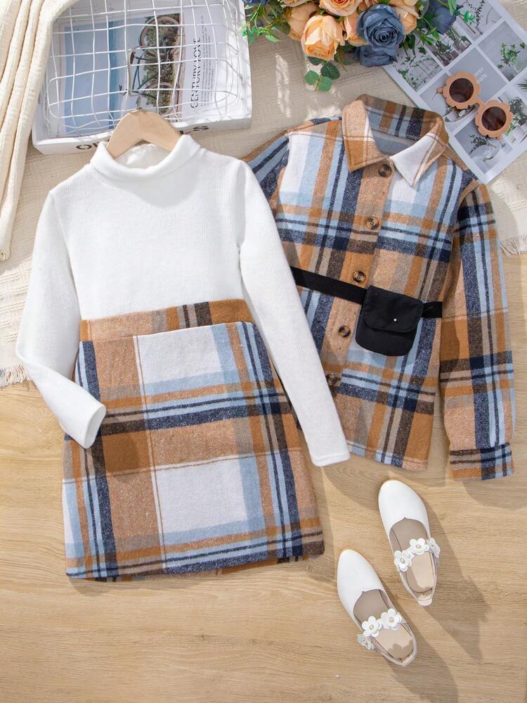 Tween Girls' Classic Plaid High Neck T-shirt, Mini Skirt, Waist Bag, Shirt Style Outerwear Urban Casual 3pcs/set For Autumn And Winter