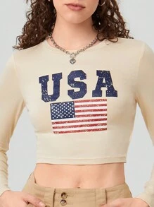 Forever 21 女款美國國旗印花短上衣 - 杏色 - 查看 6