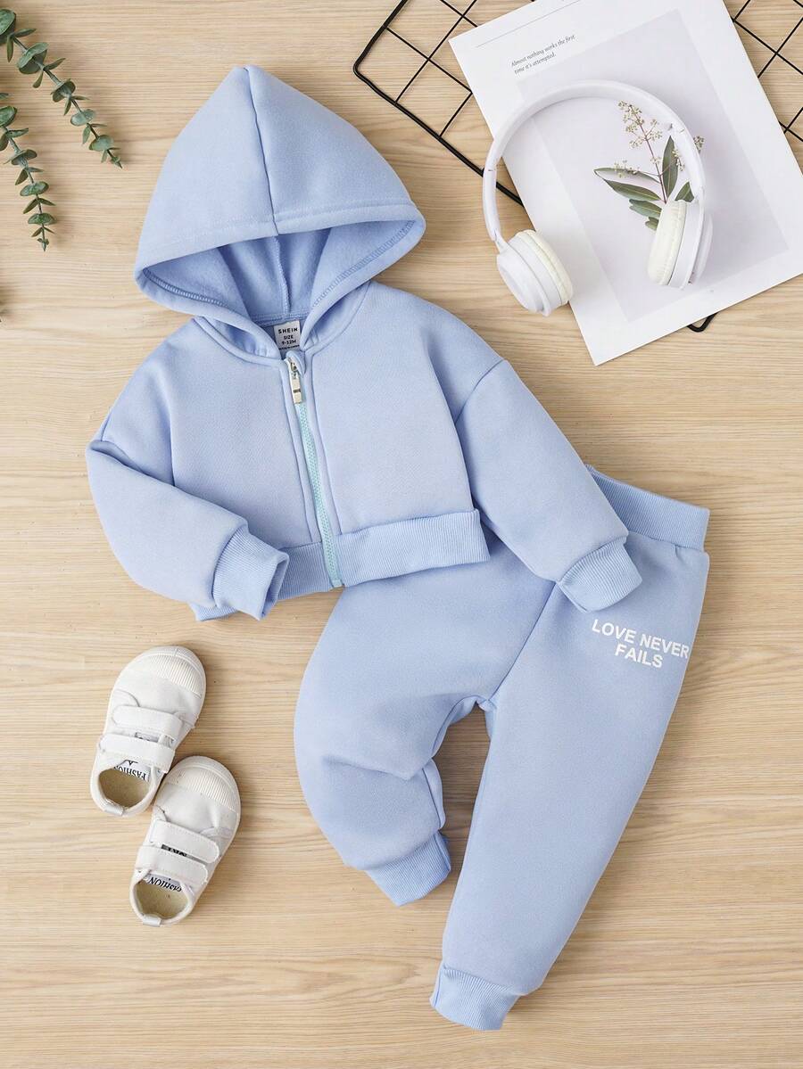 Em bé Cô gái Mát mẻ Thể thao Lá thư In Hoodie Và Quần Bộ Đối với Mùa thu - Màu xanh nhạt - Xem 1