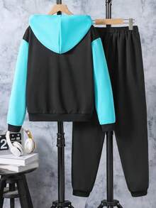 SHEIN Tween Boy Letter Graphic Colorblock Kangaroo Pocket Hoodie & Sweatpants - Multicolor - View 2