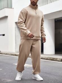 Manfinity Homme Nam Plus Một nửa khóa kéo Áo len & Quần nỉ - Màu Khaki - Xem 5