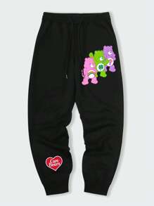 ROMWE MEN ROMWE X Care Bears 男士卡通圖案運動褲 - 黑色 - 查看 1