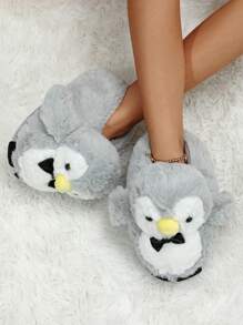 Autumn/Winter Cute Cartoon Penguin Plush Slip-On Indoor Slippers With Thick Soles, Couples Home Slippers, Warm & Cozy, Party Slippers,Furry Shoes,Funny Slippers,Fluffy Slippers - Grey - View 2