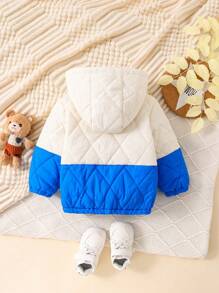 Baby Boy Two Tone Letter Patched Detail Half Zip Hooded Quilted Coat