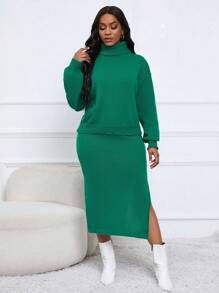 Zolique 高領落肩袖套頭毛衣&下擺開叉針織短裙 - 綠色 - 查看 6