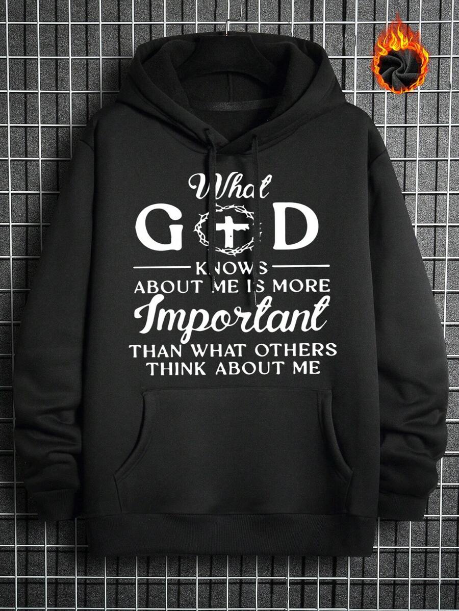 Manfinity Homme Men Plus Slogan Graphic Kangaroo Pocket Drawstring Hoodie - Black - View 1