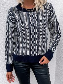 SHEIN Frenchy 整體圖案下垂肩毛衣 - 黑與白 - 查看 5