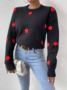 SHEIN LUNE Suéter de punto con caída de hombros y aplicaciones de corazón para otoño e invierno - Negro - Ver 1