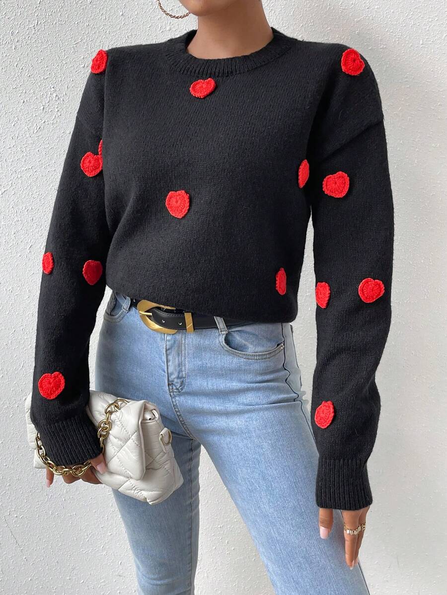 SHEIN LUNE 心形贴花落肩针织套头衫秋冬毛衣 - 黑色 - 查看 1