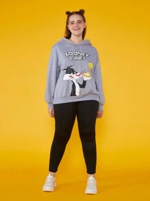 LOONEY TUNES X SHEIN 卡通和字母圖形飛肩連帽衛衣（大尺碼） - 灰色 - 查看 1