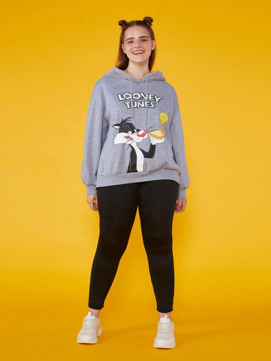 LOONEY TUNES X SHEIN 卡通和字母圖形飛肩連帽衛衣（大尺碼） - 灰色 - 查看 1