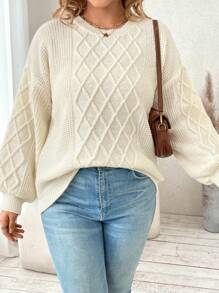 SHEIN Franclia 大碼菱形針織落肩袖套頭毛衣 - 白色 - 查看 1