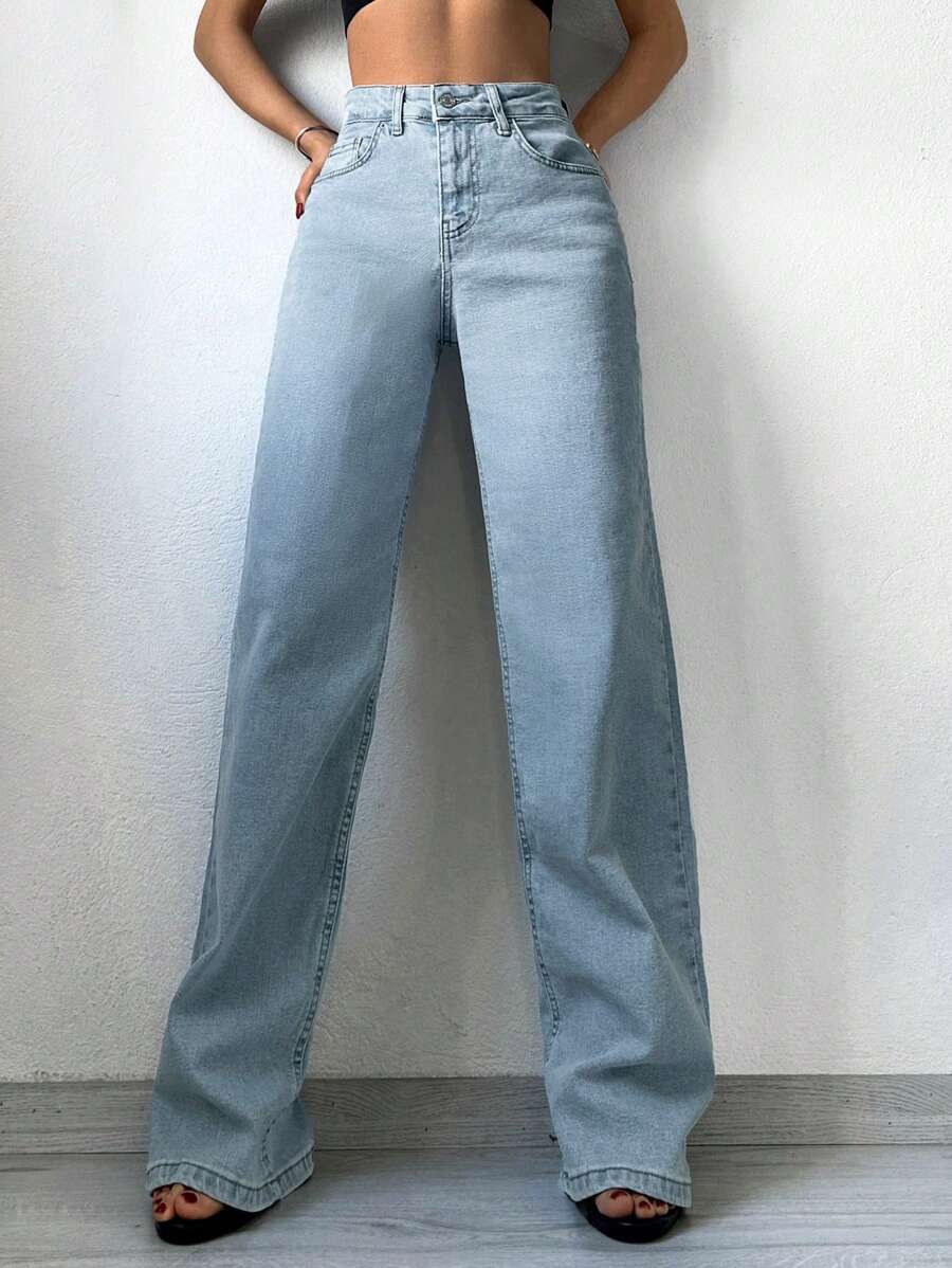 EURMUSE High Waist Straight Leg Jeans - Light Wash - View 1