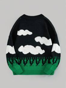 Flirla Suéter de punto de bloque de color con patrón de nubes y formas geométricas para otoño e invierno - Multicolor - Ver 2