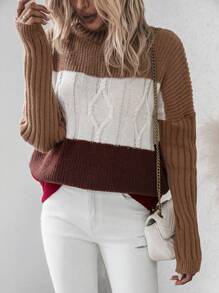 SHEIN LUNE Áo len cổ cao phối màu, vai rớt, dệt kim kiểu cáp, thích hợp cho mùa thu đông. - Nhiều màu - Xem 3