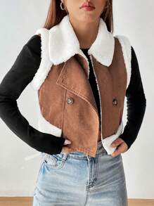 SHEIN EZwear Cổ áo Borg Đôi ngực Mùa vụ Áo khoác vest - màu nâu - Xem 1