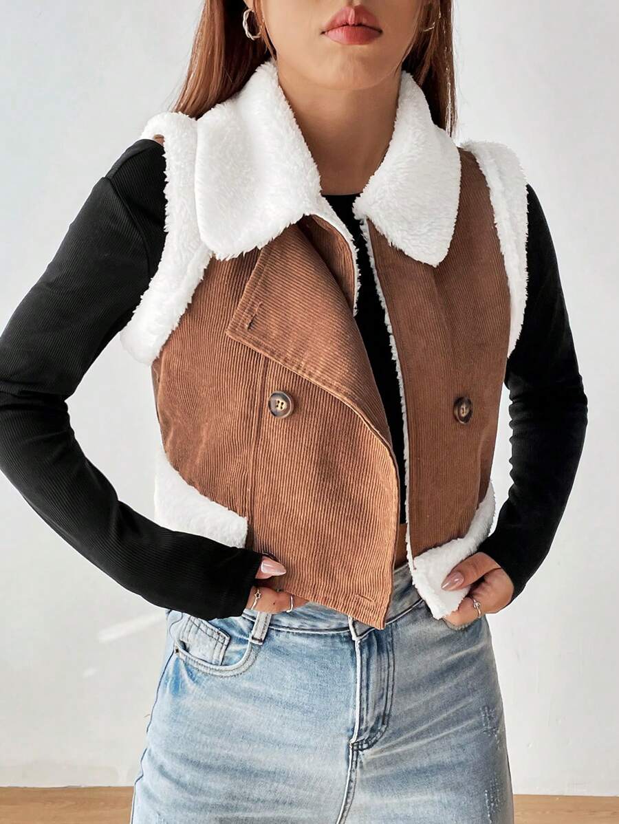 SHEIN EZwear Cổ áo Borg Đôi ngực Mùa vụ Áo khoác vest - màu nâu - Xem 1