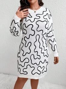 SHEIN Unity Plus Allover Pattern Drop Shoulder Sweater Dress Without Belt - Multicolor - View 1