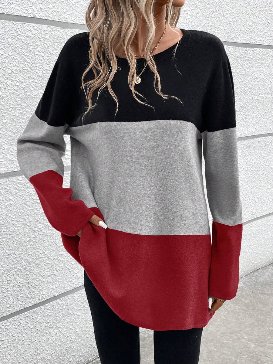 SHEIN LUNE Khối màu Thả vai Áo len - Màu Đỏ Sâu - Xem 1