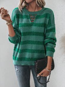 SHEIN LUNE Striped Pattern Crisscross Cut Out Front Drop Shoulder Sweater Knit Pullover Fall Winter Outfit