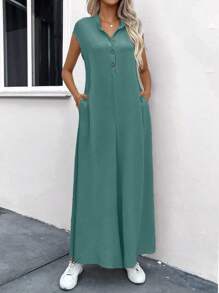 SHEIN LUNE Solid Hidden Pocket Longline Shirt Jumpsuit - Green - View 1